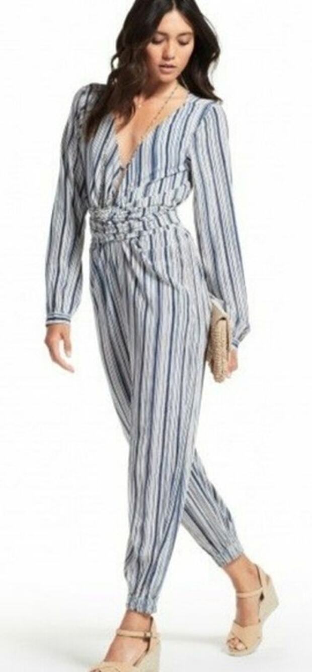 Calypso St. Barth Mahonia Stripe Silk Jumpsuit blue and white wrap tie waist S